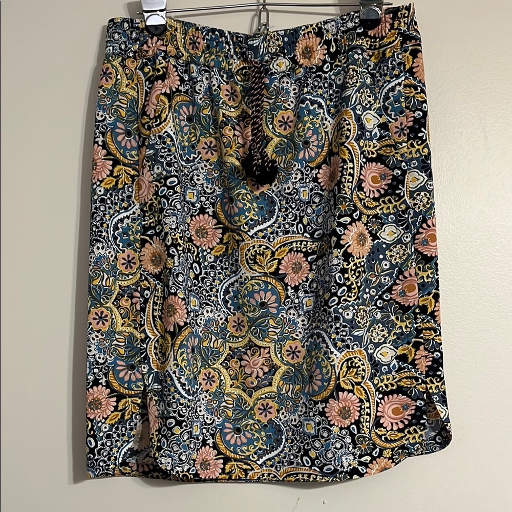 LOFT Boho Floral Paisley Mini Skirt with pockets Blue and Gold